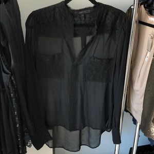 BCBG Sheer Black Top With Lace Detail